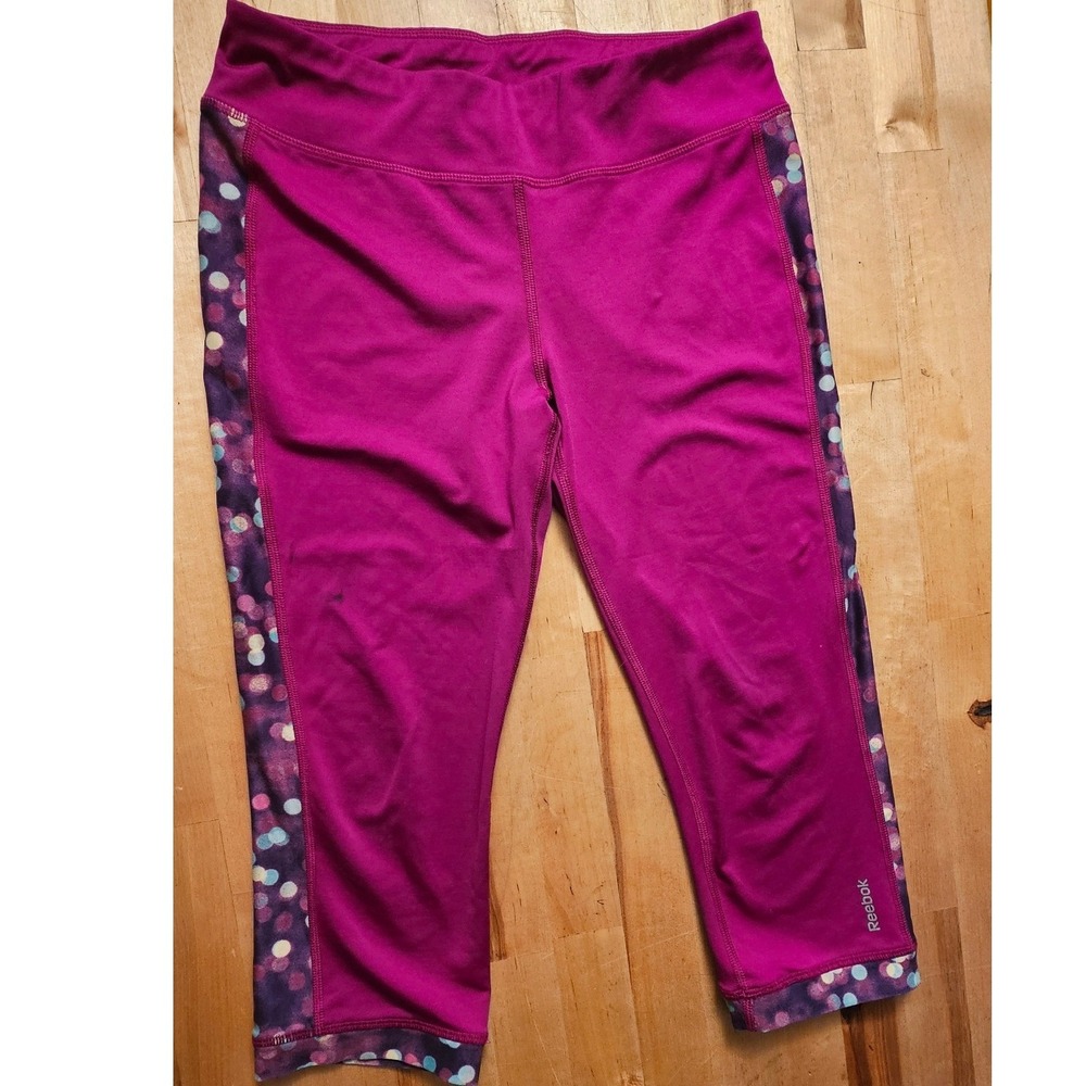 Reebok GirlMagenta Pink Polka Dot Side Stripe Capri AthleticLeggings Size L12-14